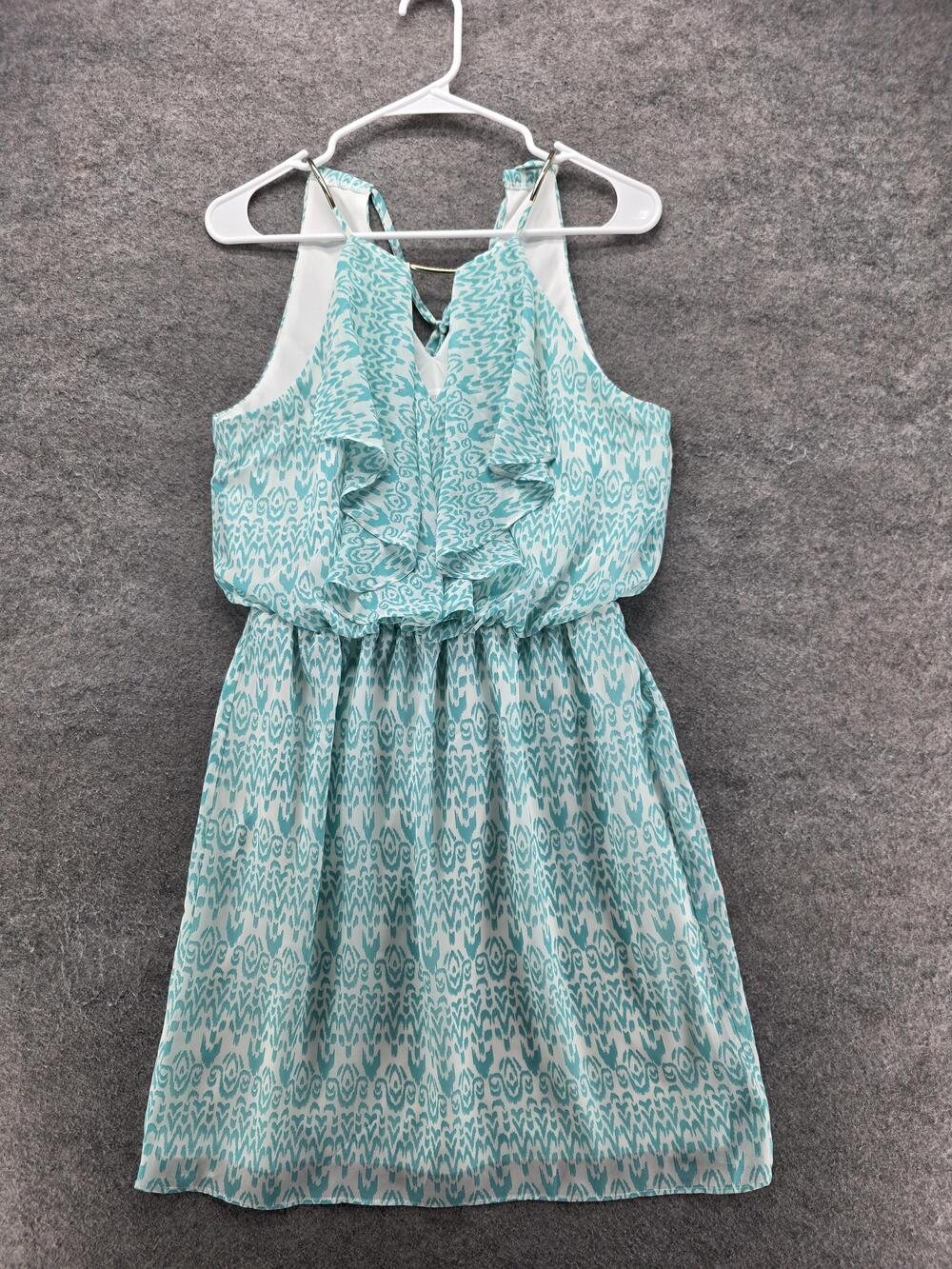 BISOU BISOU Dress Womens 6 Blue Geometric Blouson Sundress Strappy V-Neck Lined